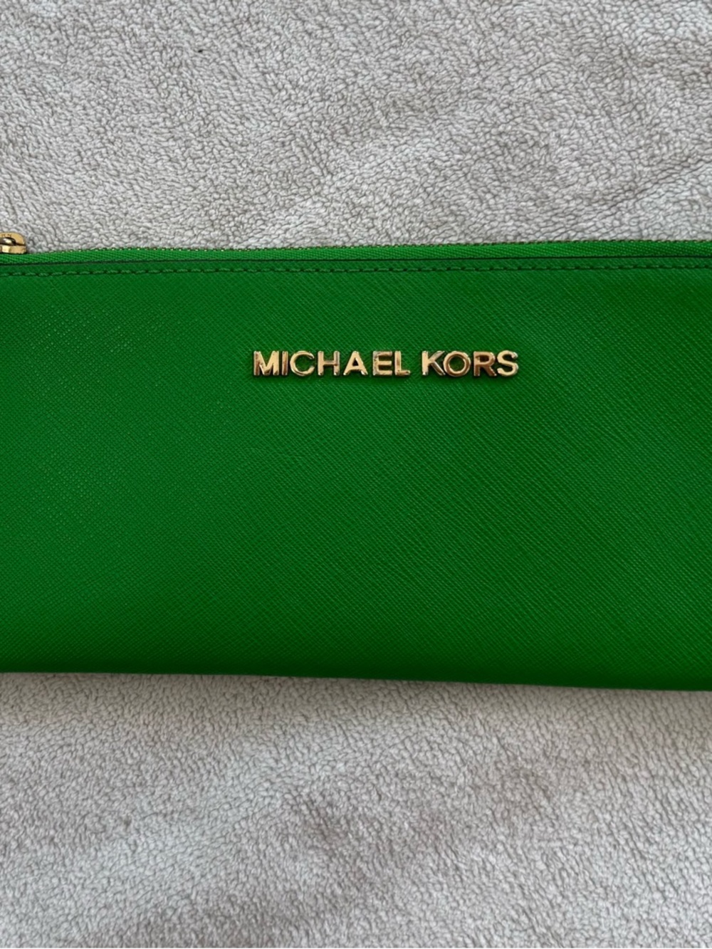 Michael Kors Green Leather Wristlet Clutch with Gold Logo